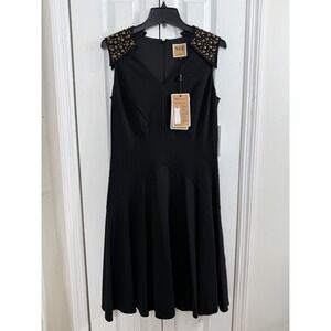 NUE by Shani Studded Shoulder Dress 8 Black Edgy Goth Punk Rock LBD Fit & Flare